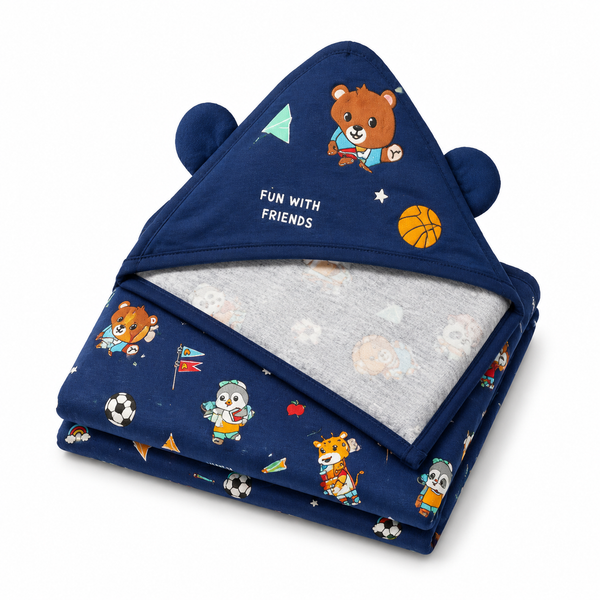 Aarniva Kids Hooded Bath Towel | Soft & Cozy | Animal & Fun Prints | Navy Sports Friends