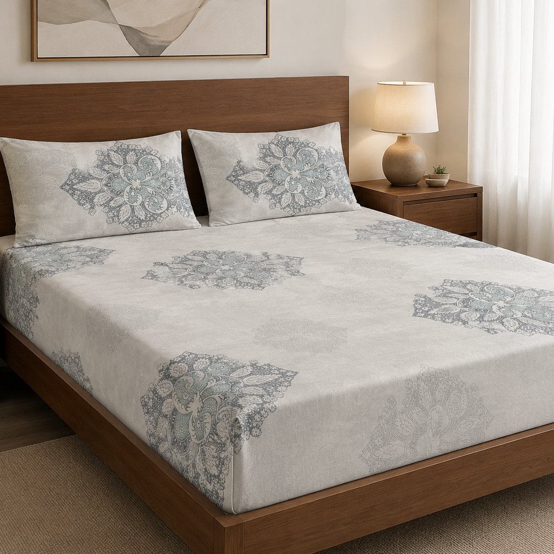 Aarniva 100% Cotton Ornamental Bedsheet Set | King/Queen | Soft & Breathable | Misty Blue Medallion | 6-Piece Set