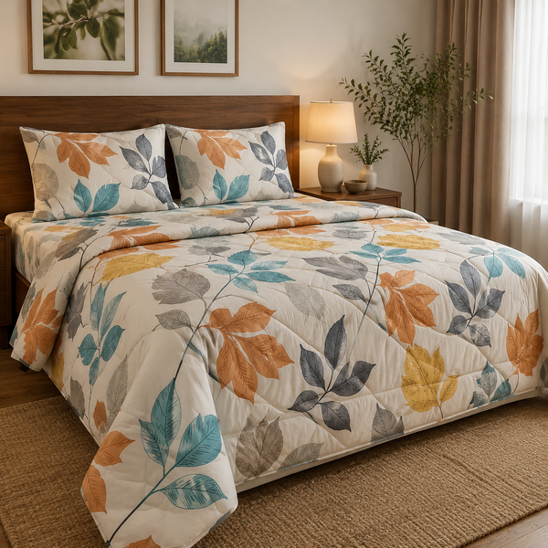 Aarniva Breathable Polyester Falling Leaves Comforter Set | King/Queen | 250 GSM | Ultra-Soft & Cozy | Warm Earth Tones | 5-Piece Set