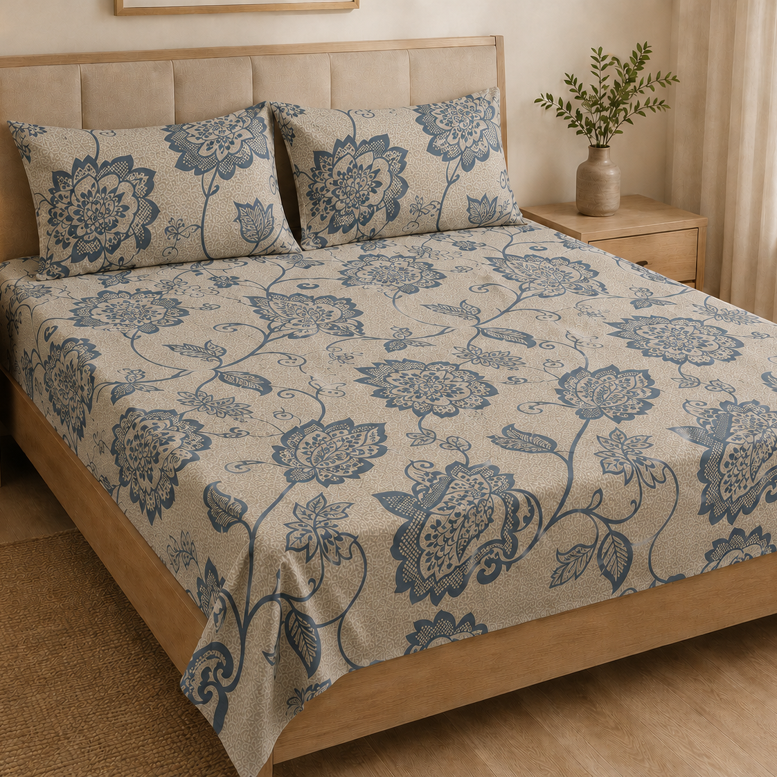Aarniva 100% Cotton Floral Vine Bedsheet Set | King/Queen | Soft & Breathable | Ivory Blue Floral | 200 TC | -Piece Set