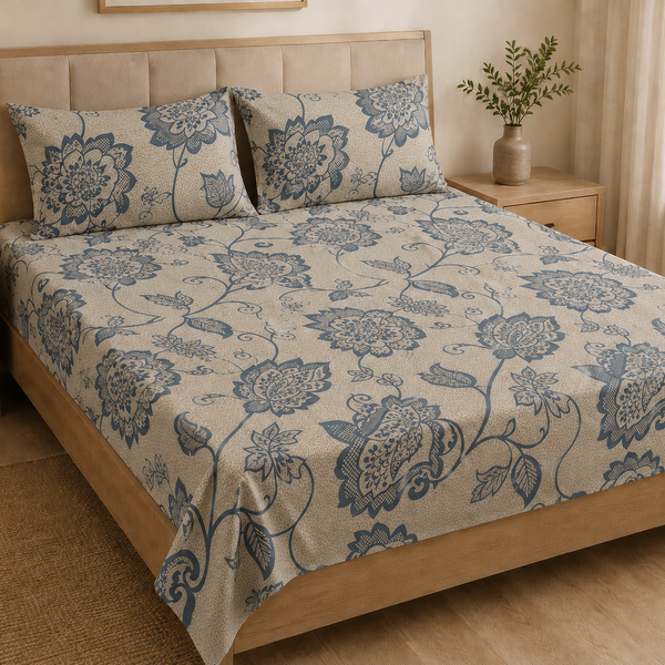 Aarniva 100% Cotton Floral Vine Bedsheet Set | King/Queen | Soft & Breathable | Ivory Blue Floral | 200 TC | -Piece Set