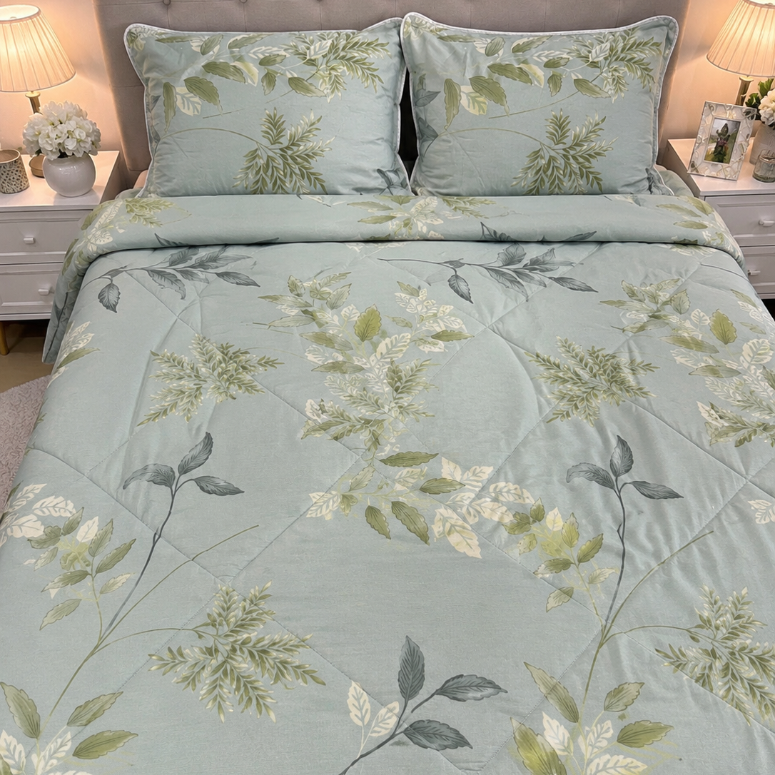 Aarniva Breathable Polyester Serene Botanica Comforter Set | King/Queen | 250 GSM | Ultra-Soft & Cozy | Mist Blue | 5-Piece Set