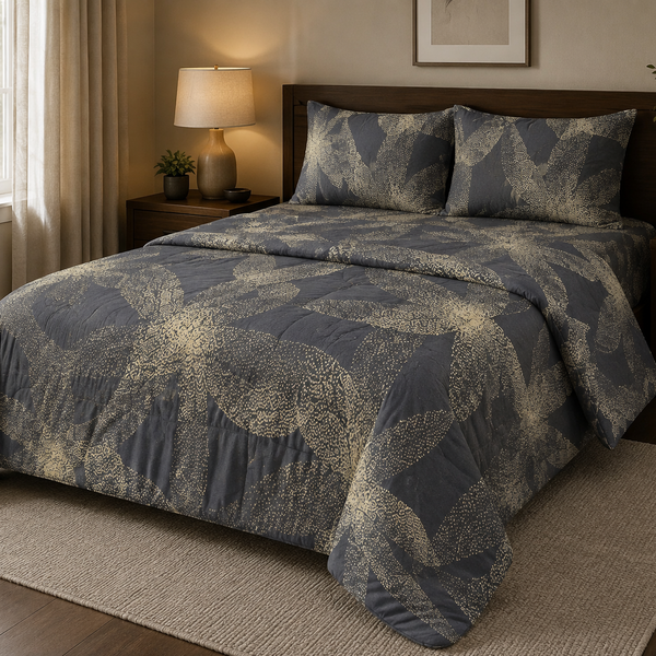 Aarniva Breathable Polyester Midnight Gold Flow Comforter Set | King/Queen | 250 GSM | Ultra-Soft & Cozy | Navy Gold | 5-Piece Set