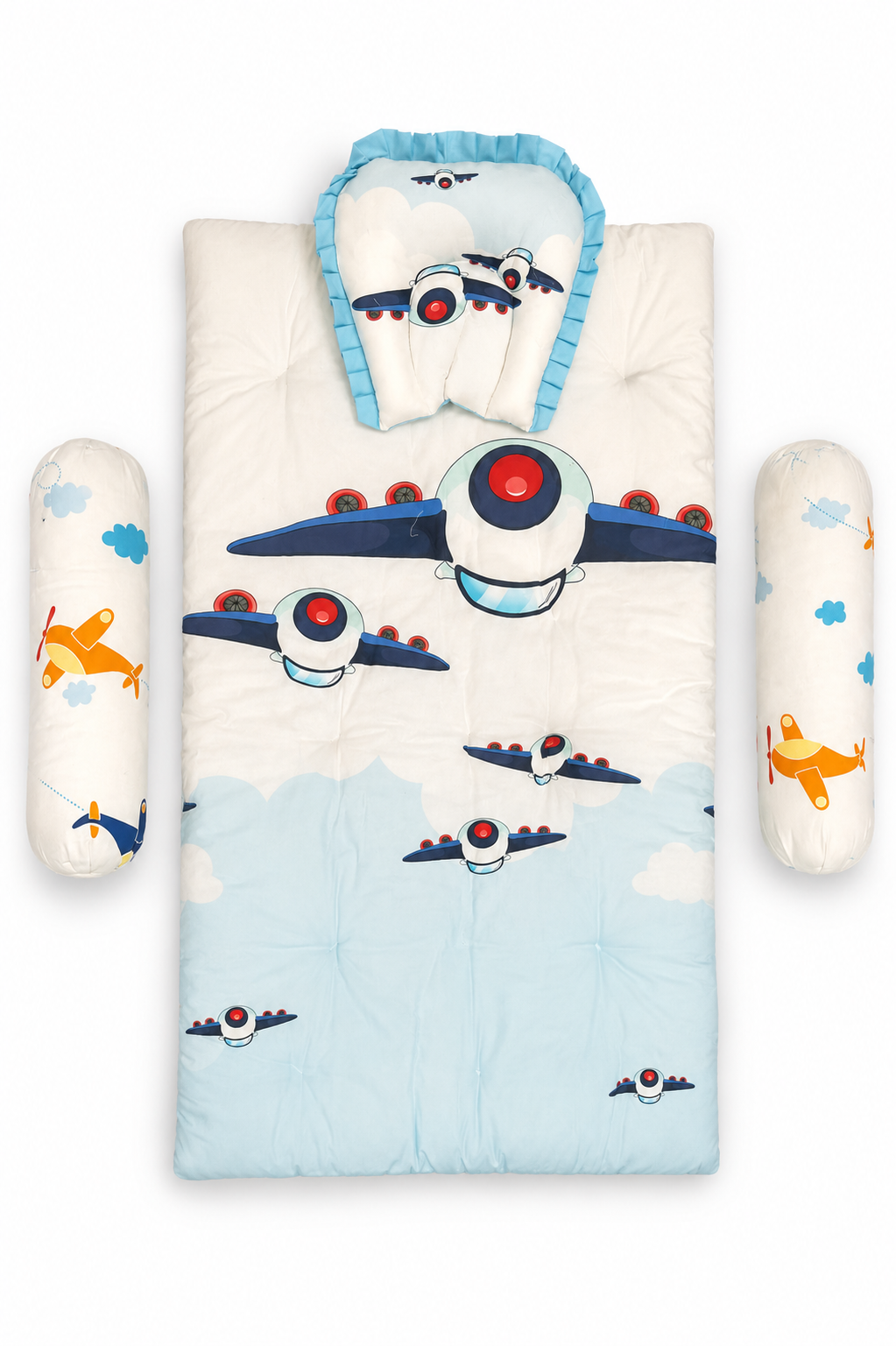 Aarniva Baby Padded Floor Mat Set | Pillow & Bolster Support | Soft & Comfortable | Airplane Sky | 4-Piece Set