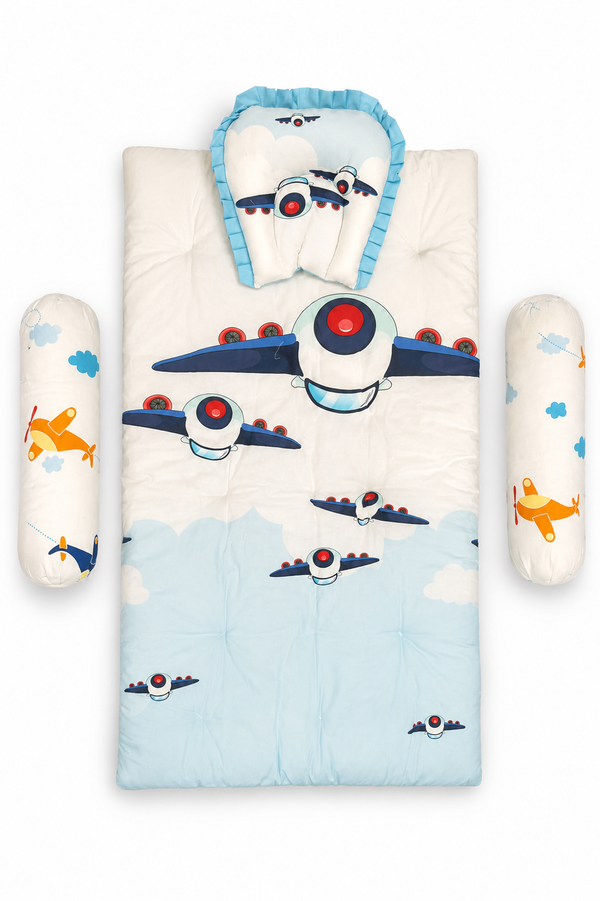 Aarniva Baby Padded Floor Mat Set | Pillow & Bolster Support | Soft & Comfortable | Airplane Sky | 4-Piece Set