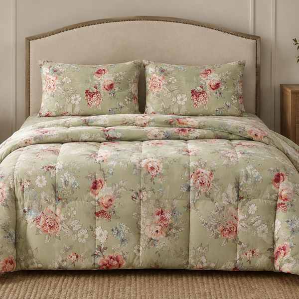 Aarniva Breathable Polyester Sage Rose Garden Comforter Set | King/Queen | 250 GSM | Ultra-Soft & Cozy | Soft Sage | 5-Piece Set