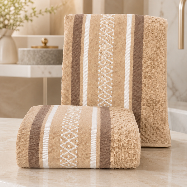 Aarniva 100% Cotton Jacquard Bath Towel Set | Soft & Absorbent | 70 × 140 cm | Warm Beige Stripe | 4-Piece Set