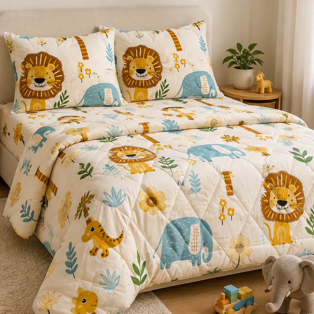 Aarniva Breathable Polyester Safari Friends Comforter Set | King/Queen | 250 GSM | Ultra-Soft & Cozy | Pastel Garden | 5-Piece Set