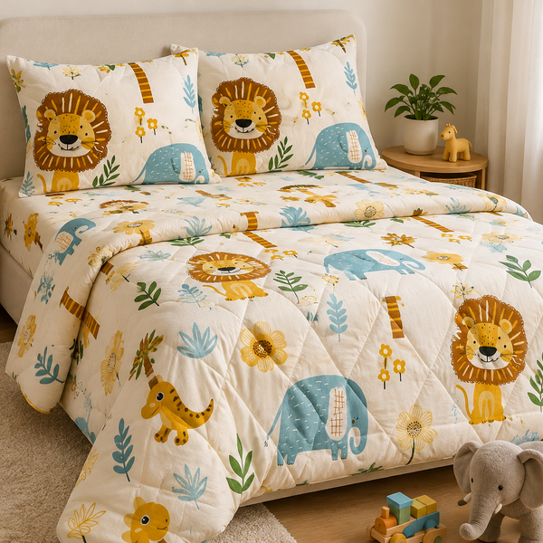 Aarniva Breathable Polyester Safari Friends Comforter Set | King/Queen | 250 GSM | Ultra-Soft & Cozy | Pastel Garden | 5-Piece Set