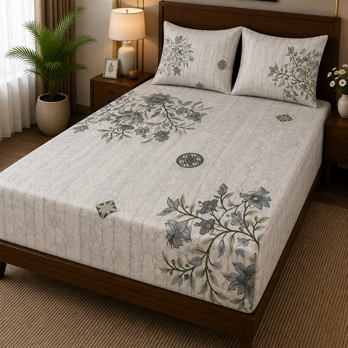 Aarniva 100% Cotton Botanical Floral Bedsheet Set | Soft & Breathable | Misty Blue | 200 TC | 6-Piece Set