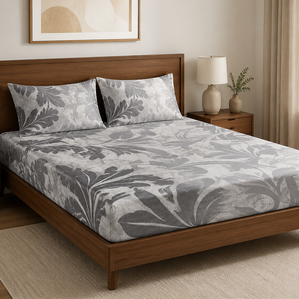 Aarniva 100% Cotton Botanical Bedsheet Set | King/Queen | Soft & Breathable | Silver Botanical Scroll | 6-Piece Set