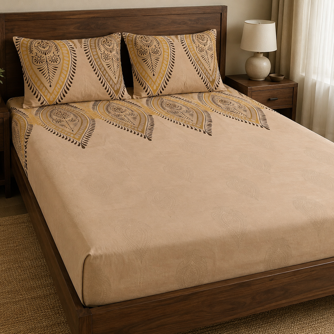 Aarniva 100% Cotton Paisley Bedsheet Set | King/Queen | Soft & Breathable | Sand Gold Paisley | 6-Piece Set