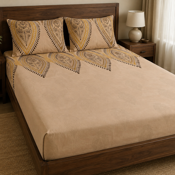 Aarniva 100% Cotton Paisley Bedsheet Set | King/Queen | Soft & Breathable | Sand Gold Paisley | 6-Piece Set