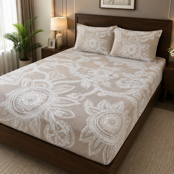 Aarniva 100% Cotton Paisley Medallion Bedsheet Set | King/Queen | Soft & Breathable | Warm Taupe | 200 TC | 6-Piece Set