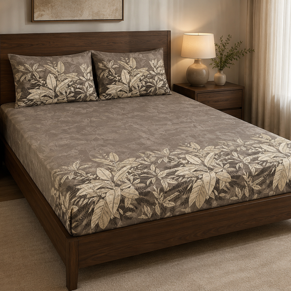 Aarniva 100% Cotton Botanical Bedsheet Set | King/Queen | Soft & Breathable | Mocha Botanical Border | 4-Piece Set