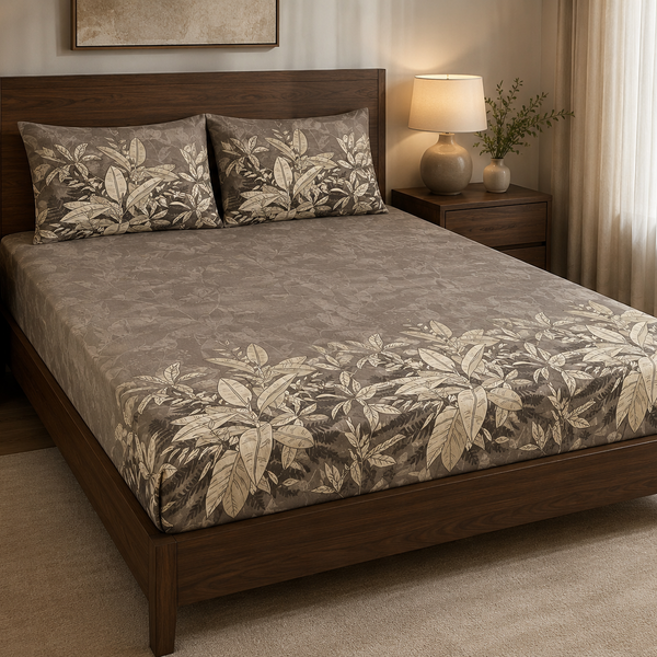 Aarniva 100% Cotton Botanical Bedsheet Set | King/Queen | Soft & Breathable | Mocha Botanical Border | 4-Piece Set