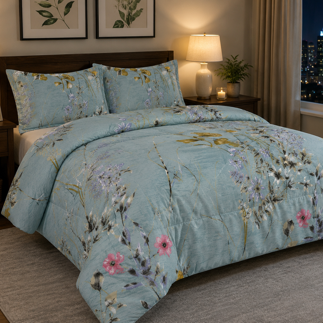 Aarniva Breathable Polyester Blue Wildflower Meadow Comforter Set | King/Queen | 250 GSM | Ultra-Soft & Cozy | Vintage Rose Garden | 5-Piece Set