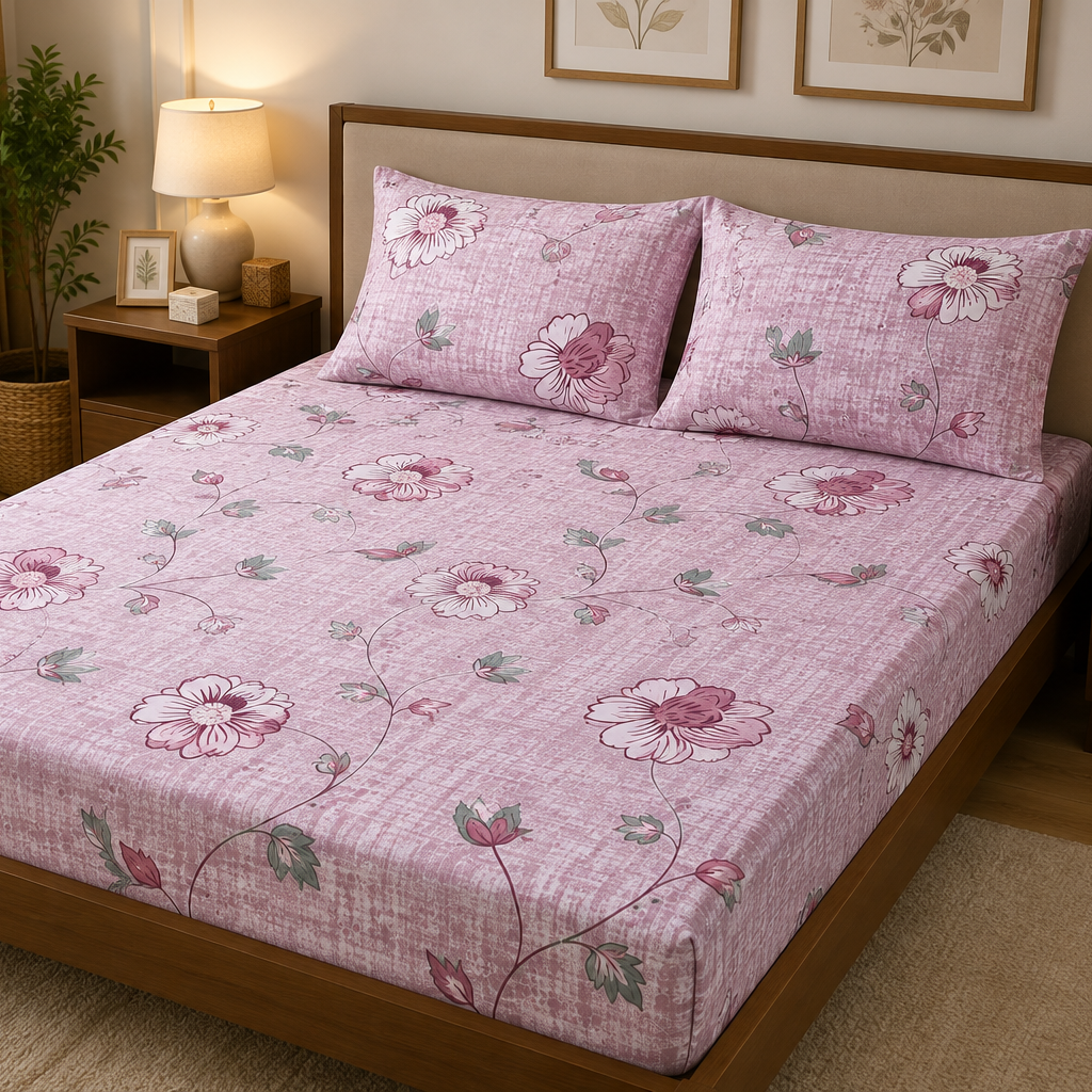 Aarniva 100% Cotton Blossom Vine Bedsheet Set | King/Queen | Soft & Breathable | Rose Blush | 200 TC | 6-Piece Set