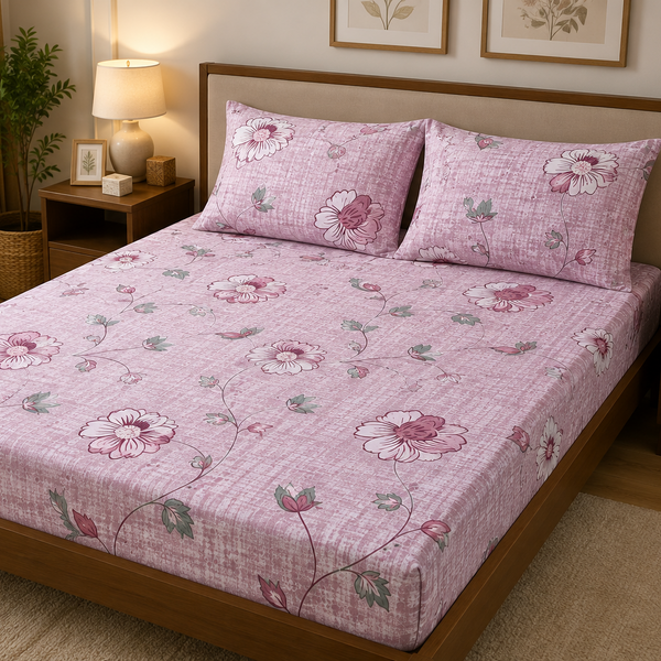 Aarniva 100% Cotton Blossom Vine Bedsheet Set | King/Queen | Soft & Breathable | Rose Blush | 200 TC | 6-Piece Set