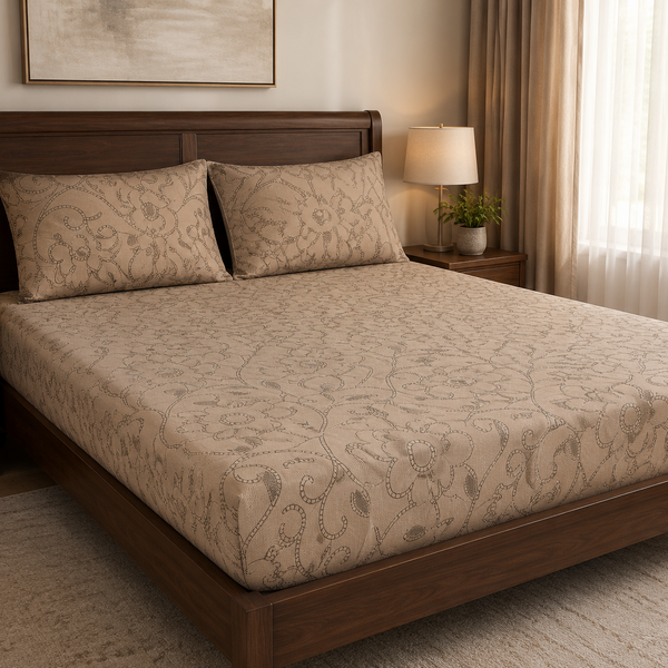 Aarniva 100% Cotton Floral Bedsheet Set | King/Queen | Soft & Breathable | Warm Sand Floral Vine | 6-Piece Set