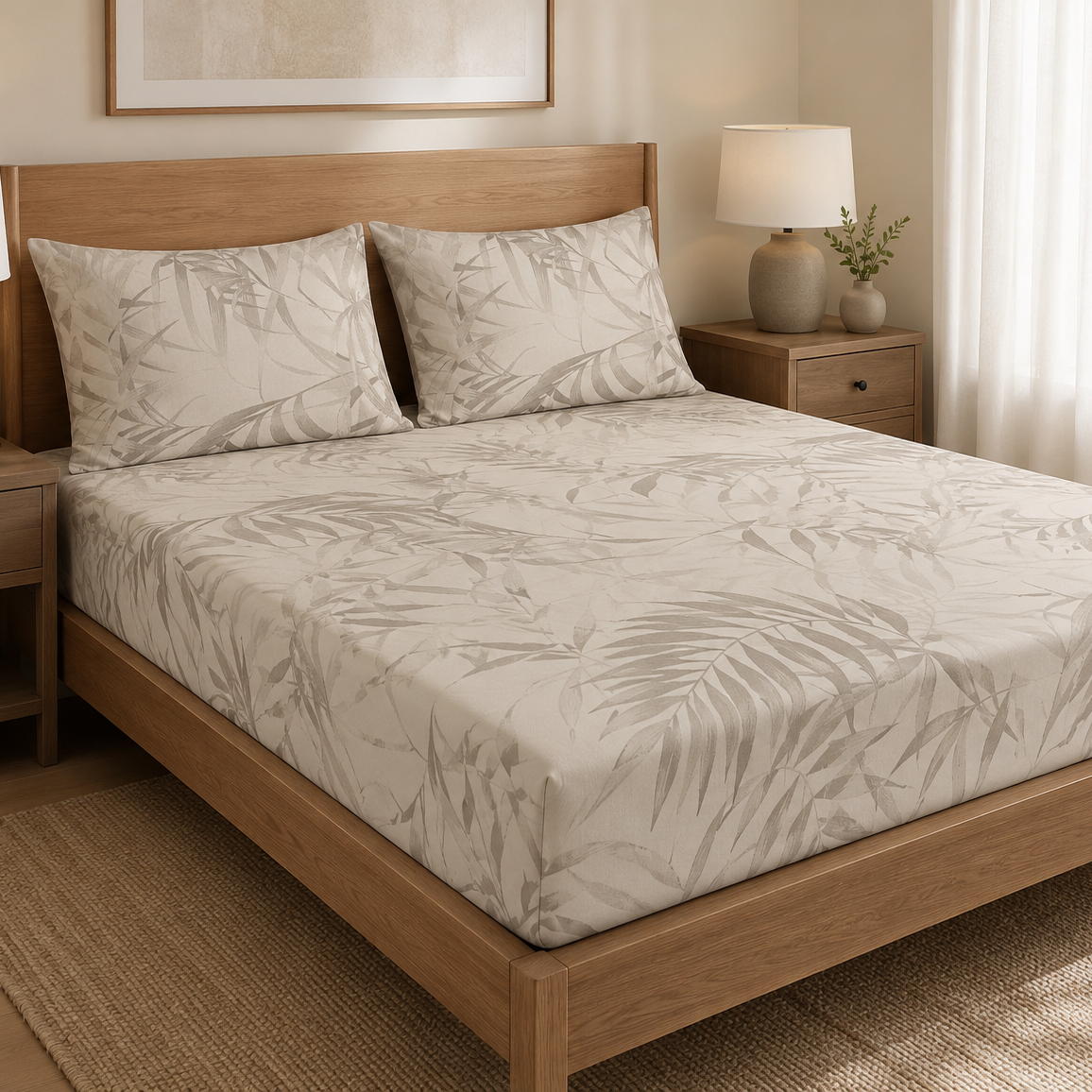 Aarniva 100% Cotton Botanical Bedsheet Set | King/Queen | Soft & Breathable | Ivory Palm Leaf | 6-Piece Set