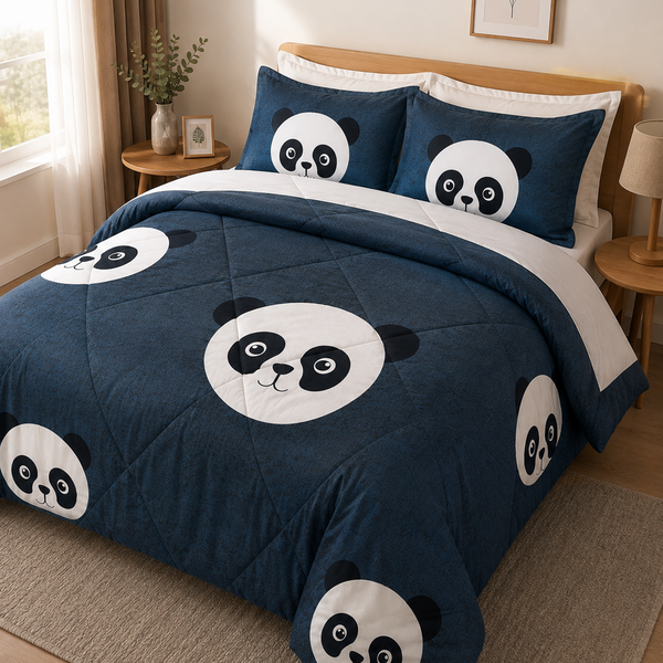 A navy blue bedding set with a repeating panda face pattern, styled on a bed in a warm, modern bedroom setting with wooden nightstands, a window, and neutral-toned walls.