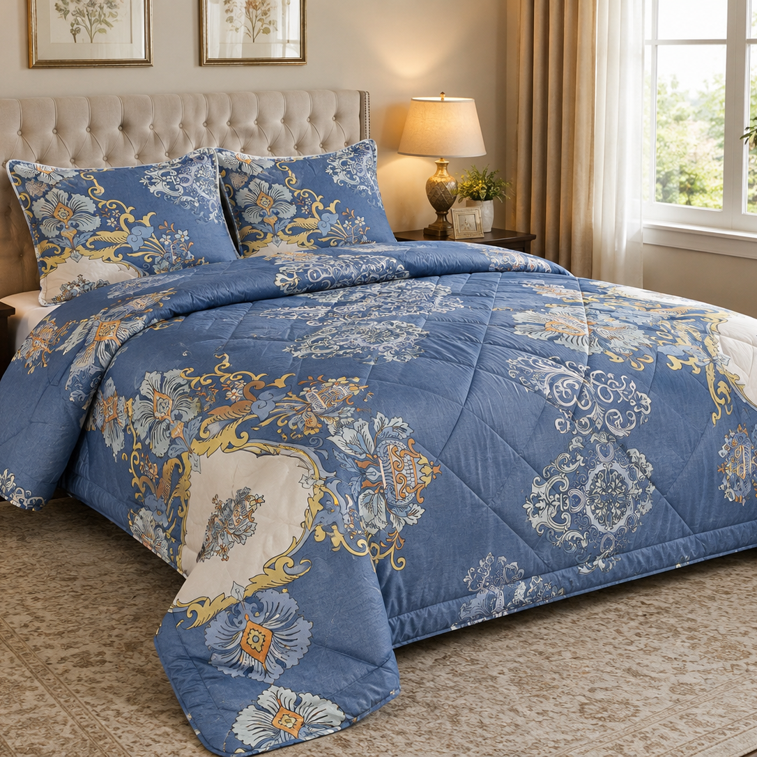 Aarniva Breathable Polyester Royal Blue Damask Comforter Set | King/Queen | 250 GSM | Ultra-Soft & Cozy | Blue Flower Design | 5-Piece Set