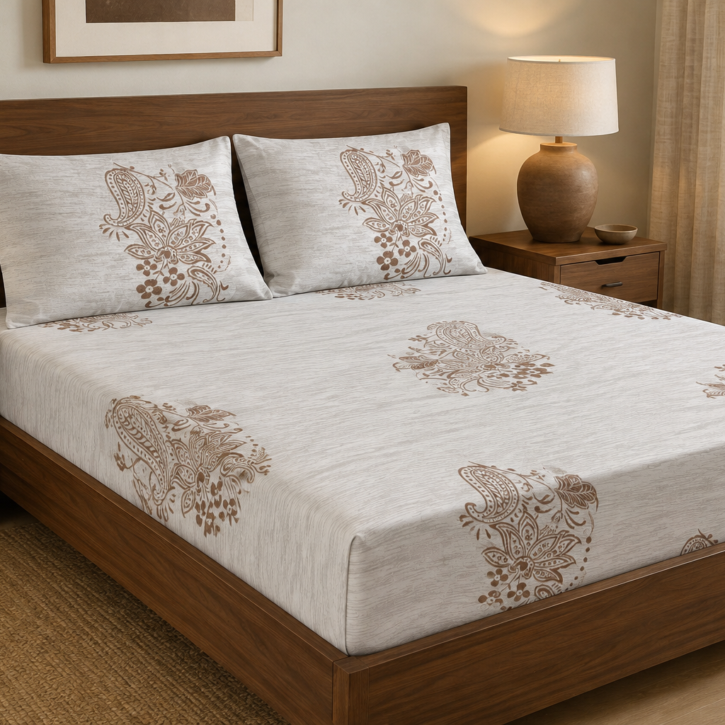 Aarniva 100% Cotton Paisley Bedsheet Set | King/Queen | Soft & Breathable | Soft Taupe Paisley | 6-Piece Set