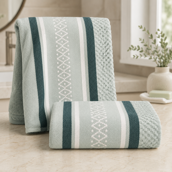 Aarniva 100% Cotton Jacquard Bath Towel Set | Soft & Absorbent | 75 × 150 cm | Sage Stripe | 4-Piece Set