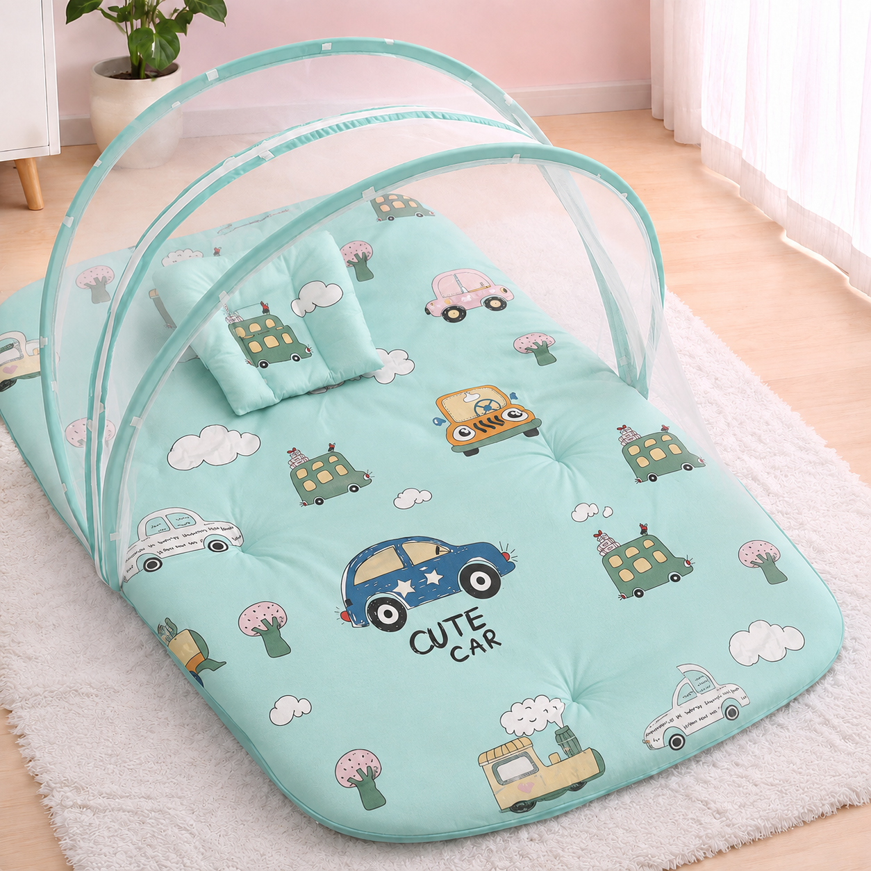 Aarniva Foldable Baby Mosquito Net Mat | Soft Padded | Breathable Mesh Canopy | Cute Car Mint