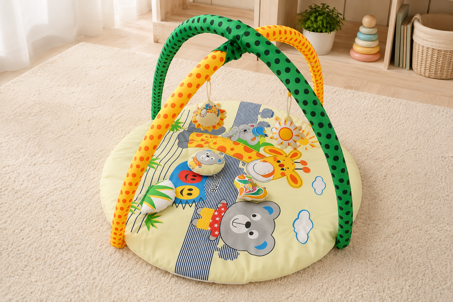 Aarniva Baby Activity Play Mat | Soft Padded Floor Mat | Toy Arch & Hanging Toys | Safari Friends