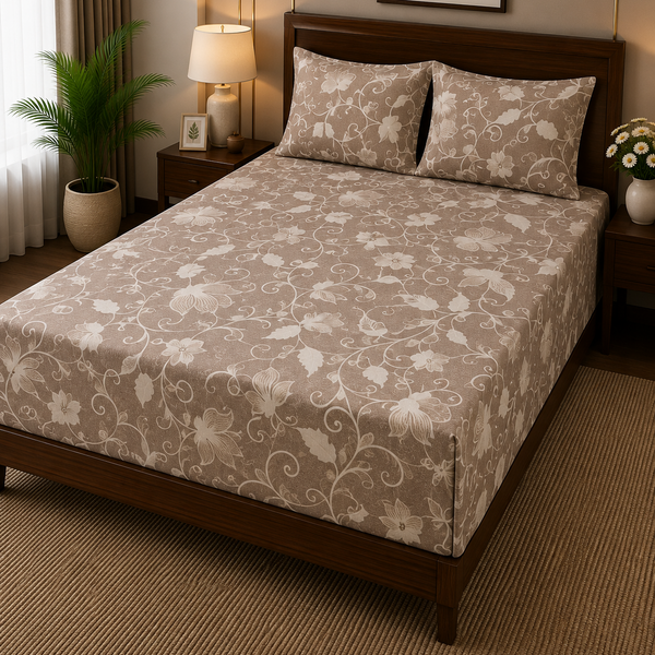 Aarniva 100% Cotton Floral Vine Bedsheet Set | King/Queen | Soft & Breathable | Mocha Taupe | 200 TC | 6-Piece Set