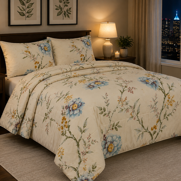 Aarniva Breathable Polyester Blue Meadow Comforter Set | King/Queen | 250 GSM | Ultra-Soft & Cozy | Classic Ivory | 5-Piece Set