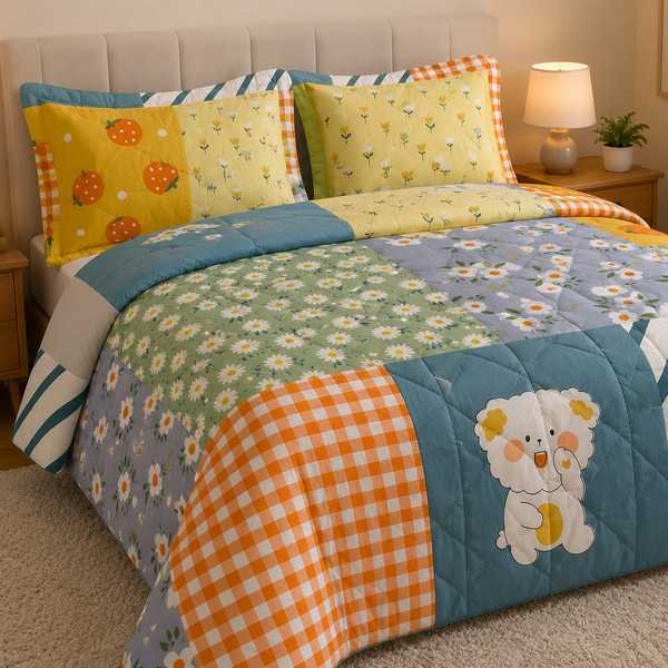 Aarniva Breathable Polyester Floral Patchwork Garden Comforter Set | Double/Twin | 250 GSM | Ultra-Soft & Cozy | Flower Patch | 5-Piece Set