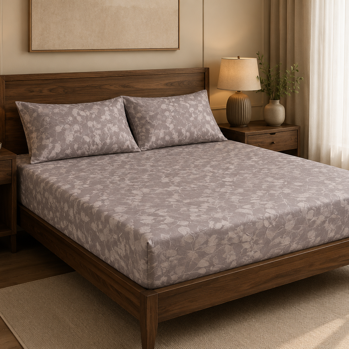 Aarniva 100% Cotton Botanical Bedsheet Set | King/Queen | Soft & Breathable | Dusty Mauve Foliage | 6-Piece Set