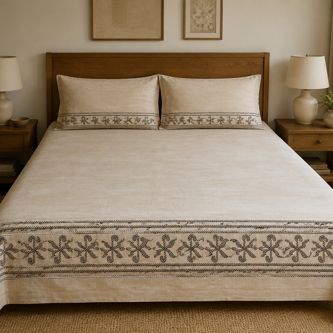 Aarniva 100% Cotton Bedsheet Set | King/Queen | Soft & Breathable | Ivory Tribal Border | 6-Piece Set