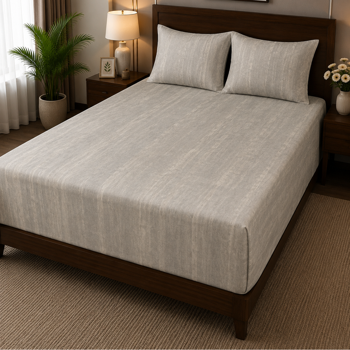 Aarniva 100% Cotton Textured Bedsheet Set | King/Queen | Soft & Breathable | Pearl Grey | 200 TC | 6-Piece Set
