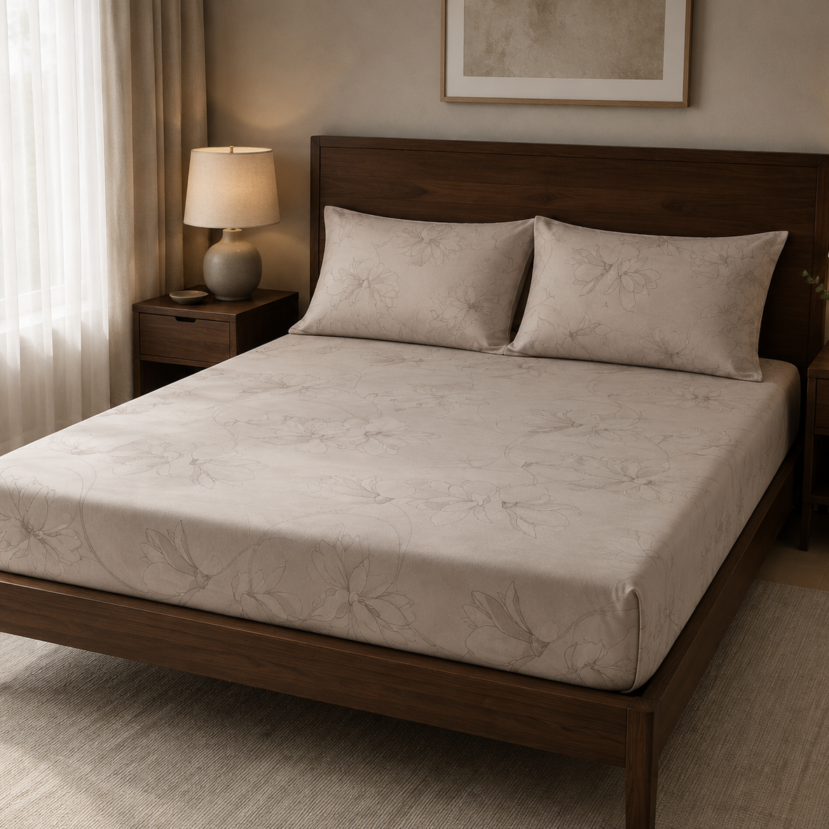 Aarniva 100% Cotton Floral Bedsheet Set | King/Queen | Soft & Breathable | Soft Taupe Blossom | 6-Piece Set