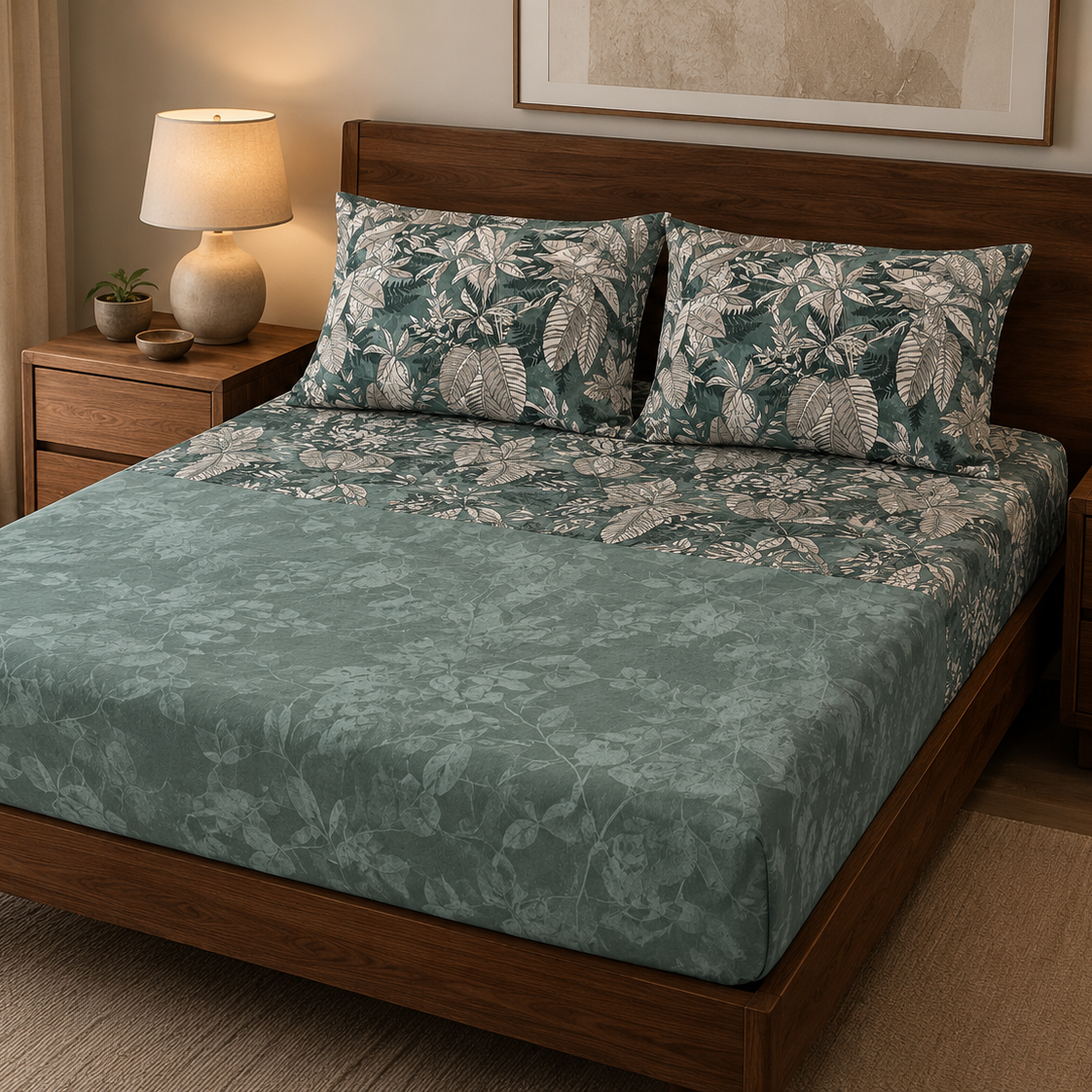 Aarniva 100% Cotton Botanical Bedsheet Set | King/Queen | Soft & Breathable | Deep Sage Foliage | 6-Piece Set