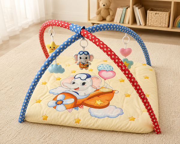Aarniva Baby Activity Play Mat | Soft Padded Floor Mat | Toy Arch & Hanging Toys | Flying Elephant