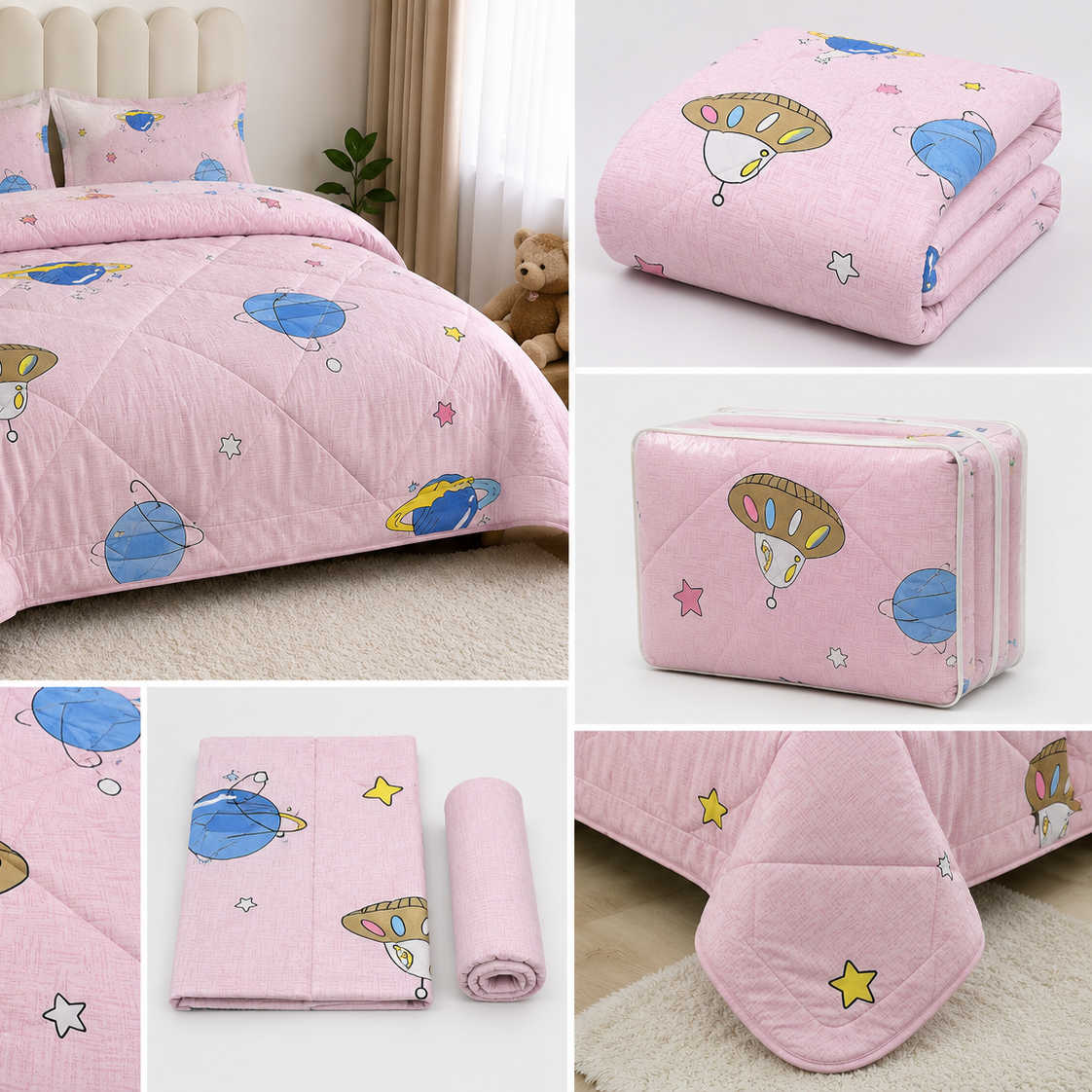 Aarniva Breathable Polyester Little Astronauts Pink Comforter Set | King/Queen | 250 GSM | Ultra-Soft & Cozy | Celestial Pink | 5-Piece Set