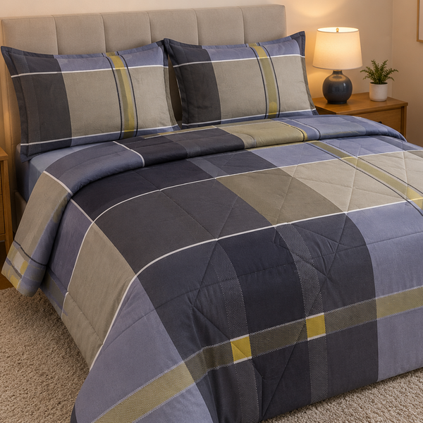 Aarniva Breathable Polyester Heritage Plaid Comforter Set | King/Queen | 250 GSM | Ultra-Soft & Cozy | Blue Taupe | 5-Piece Set