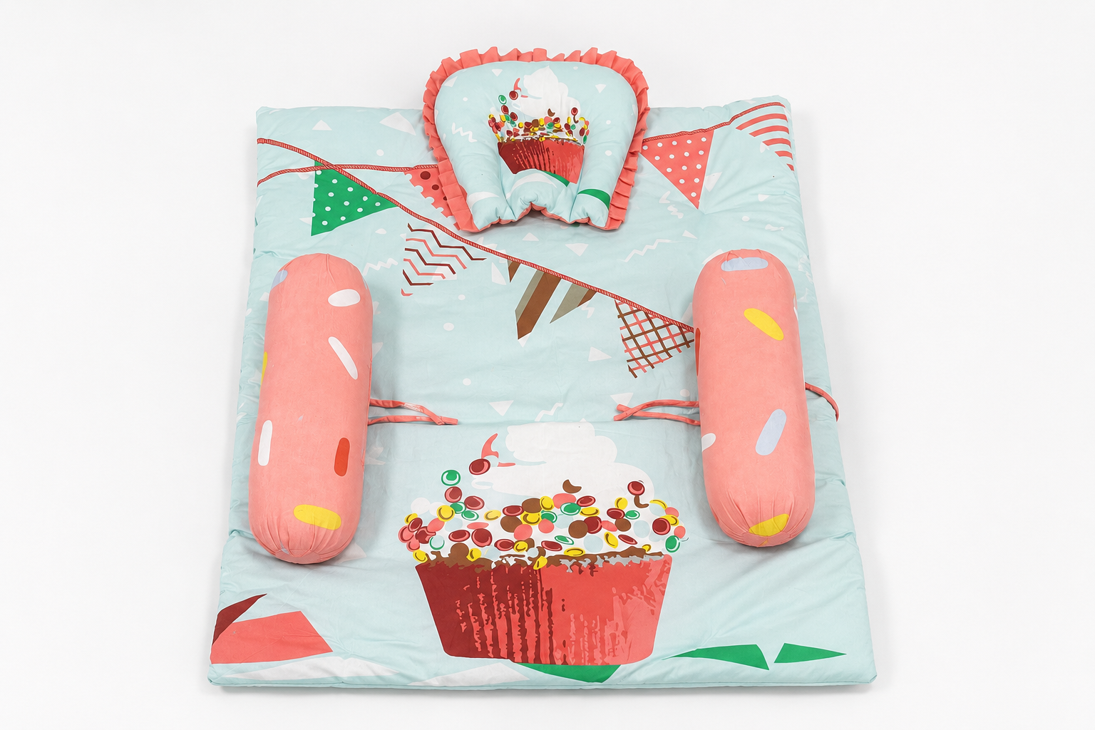 Aarniva Baby Padded Floor Mat Set | Pillow & Bolster Support | Soft & Comfortable | Cupcake Party | 4-Piece Set