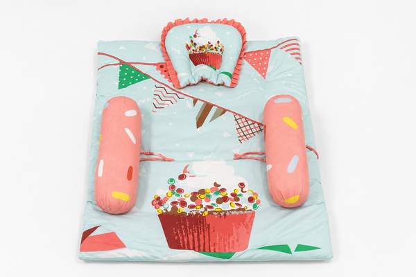 Aarniva Baby Padded Floor Mat Set | Pillow & Bolster Support | Soft & Comfortable | Cupcake Party | 4-Piece Set