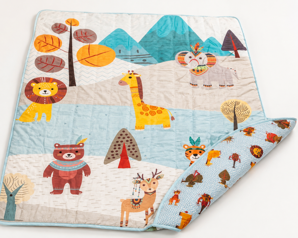 Aarniva Kids Quilted Play Mat & Baby Sheet | Soft Padded | Reversible Design | Mountain Safari