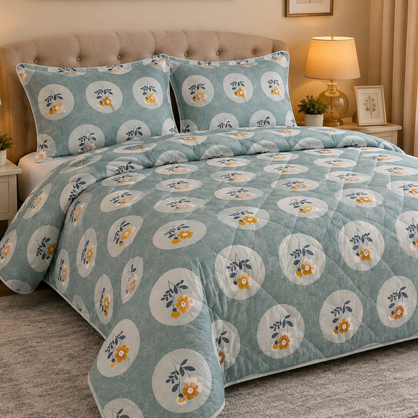 Aarniva Breathable Polyester Sage Blossom Circles Comforter Set | King/Queen | 250 GSM | Ultra-Soft & Cozy | Floral Blue | 5-Piece Set