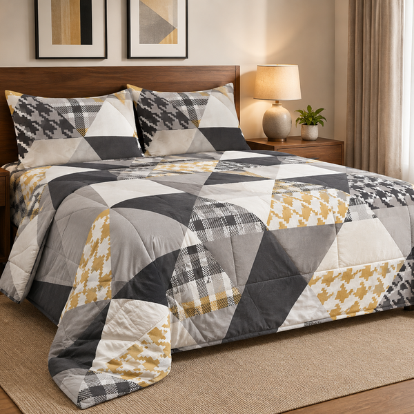 Aarniva Breathable Polyester Modern Geo Contrast Comforter Set | King/Queen | 250 GSM | Ultra-Soft & Cozy | Black Grey Mustard | 5-Piece Set