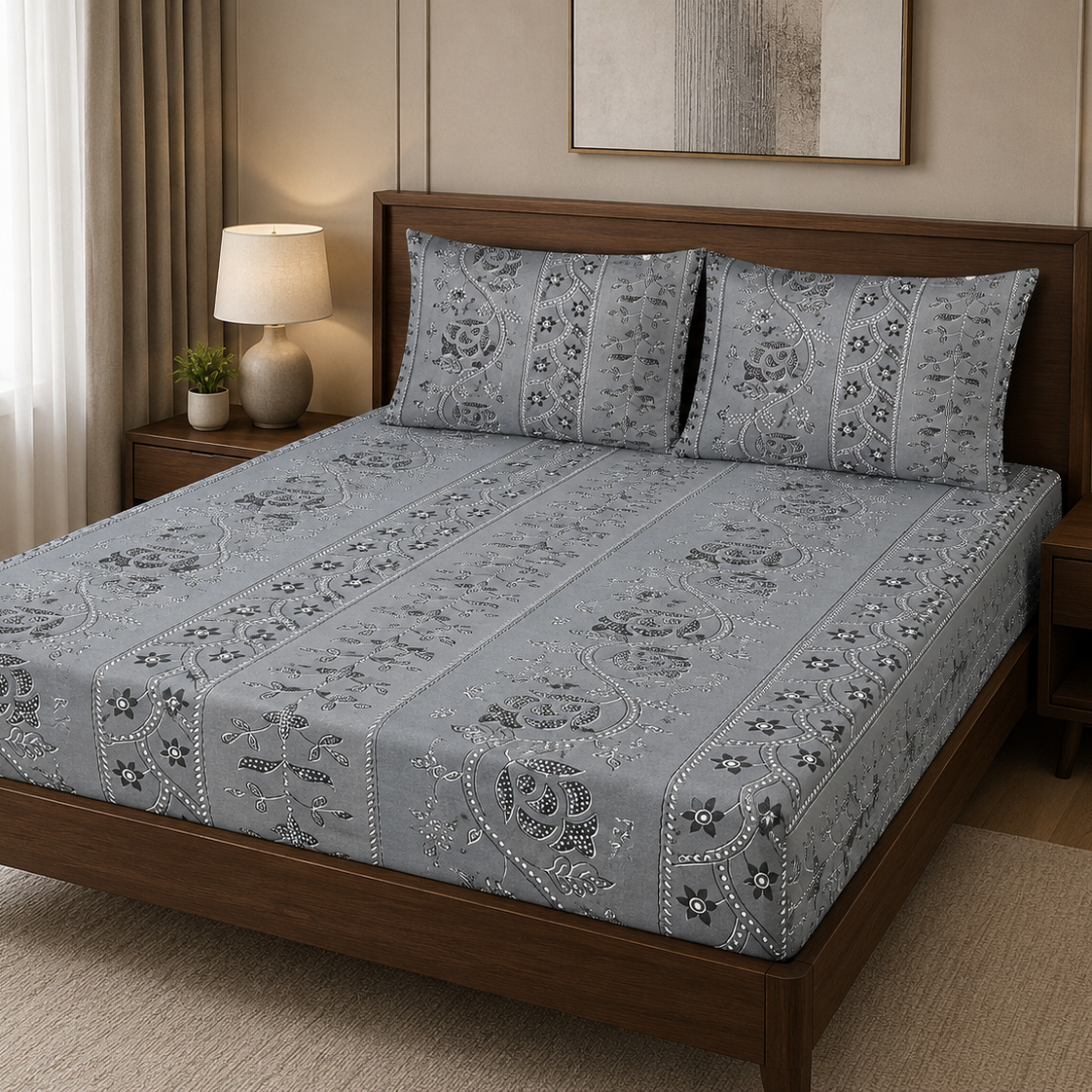 Aarniva 100% Cotton Floral Bedsheet Set | King/Queen | Soft & Breathable | Silver Floral Vine | 6-Piece Set