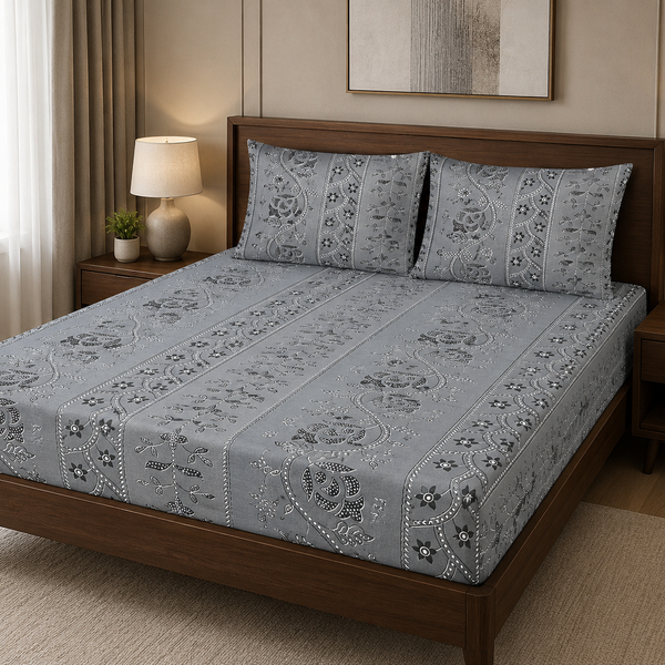 Aarniva 100% Cotton Floral Bedsheet Set | King/Queen | Soft & Breathable | Silver Floral Vine | 6-Piece Set