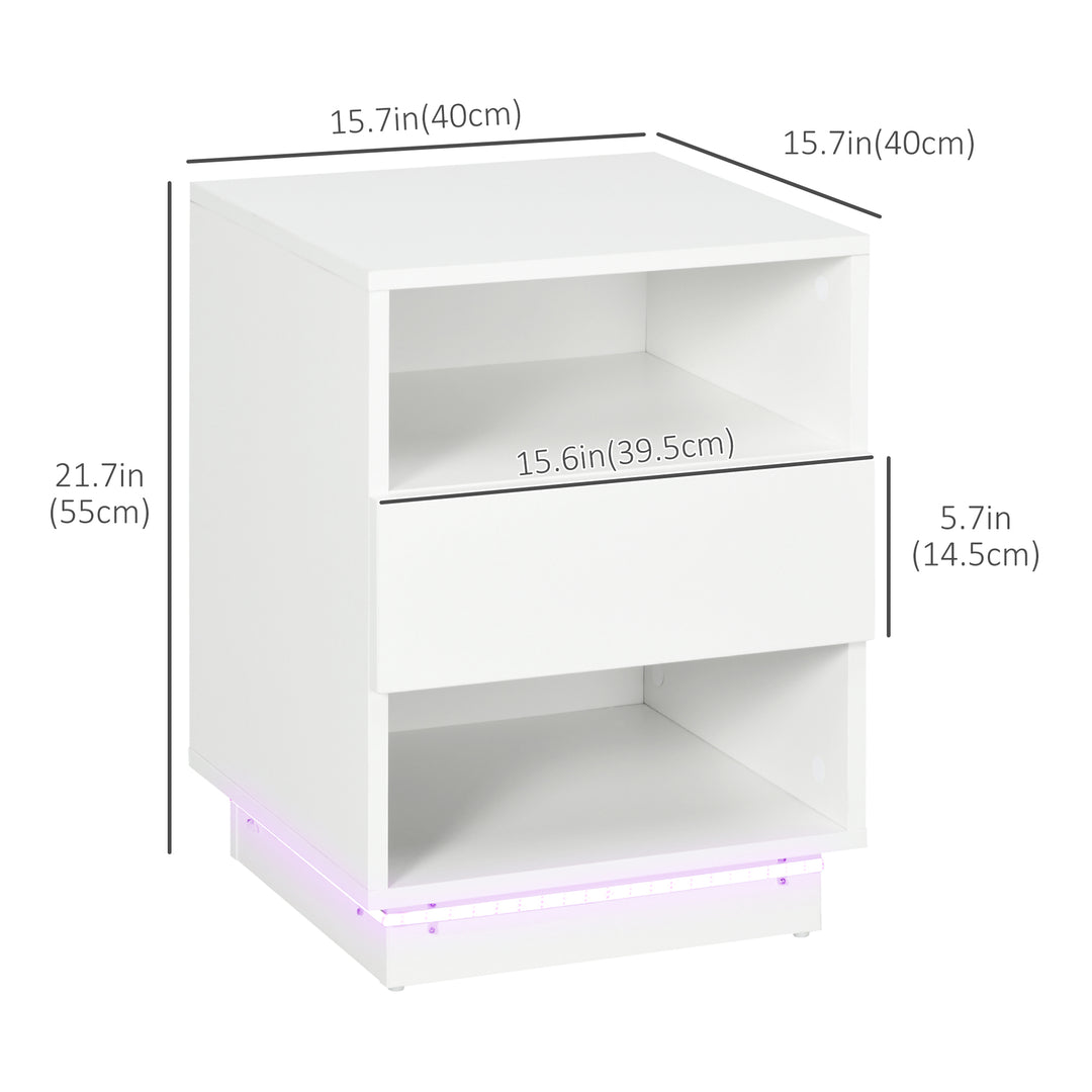 HOMCOM LED Nightstand, Bedside Table with LED Lights, Drawer, 2 Shelves, Remote, Side Table for Living Room, Bedroom